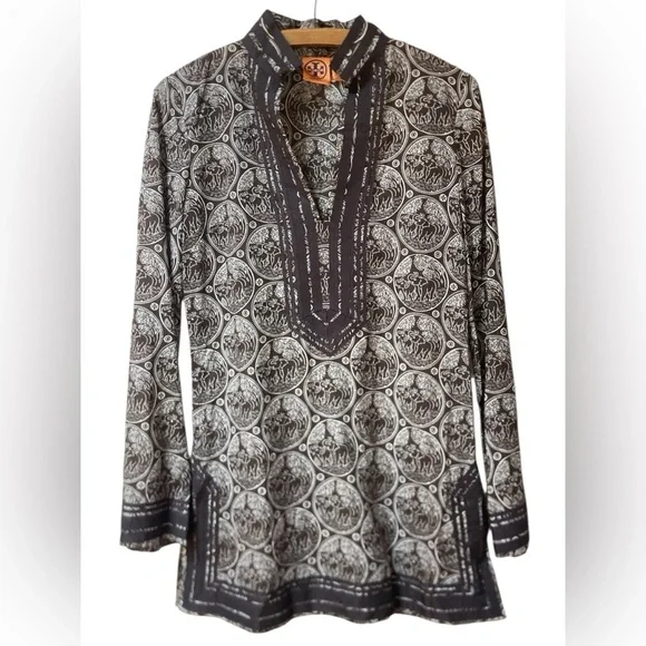 Tory Burch Brown White Elephant Print Tunic Dress Size 4 | Boho Resort Chic - Picture 1 of 7